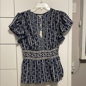 NWT Max Studio Blue and White Puff Sleeve Peplum Blouse- small